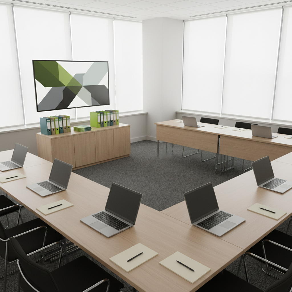 A dedicated training and workshop room illustrating Evergreen Services SARL’s formation services. A series of sleek, light-wood tables form a U-shape, each holding a closed laptop, a simple notepad, and a pen arranged with precise alignment. At the front, a large wall-mounted display shows a clean, abstract presentation slide with shapes in green and gray, free of any readable text. A sideboard holds neatly stacked training binders with colored spines. The room features neutral walls, a soft gray carpet, and large windows covered with translucent blinds, allowing bright but diffused daylight to flood the space. Photographic realism, shot from a slightly elevated corner angle with sharp focus throughout, creates a calm, organized, and professional atmosphere ideal for corporate, NGO, and institutional training.