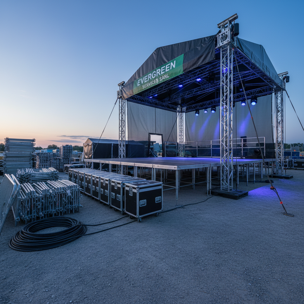 A precise construction and event infrastructure setup representing Evergreen Services SARL’s building and technical capabilities. In an outdoor setting at dusk, a sturdy modular stage with matte black flooring and truss structures rises from a carefully leveled gravel base. Neatly stacked aluminum scaffolding, safety barriers, and coiled heavy-duty cables are arranged to one side, while a row of compact, closed flight cases hints at professional equipment. Subtle, cool-toned stage lights cast soft beams across the structure, while the fading sky provides a gentle blue backdrop. Photographic realism, captured from a low-angle wide shot to emphasize solidity and scale, conveys reliability, safety, and technical mastery, with no people present but clear readiness for a major event.