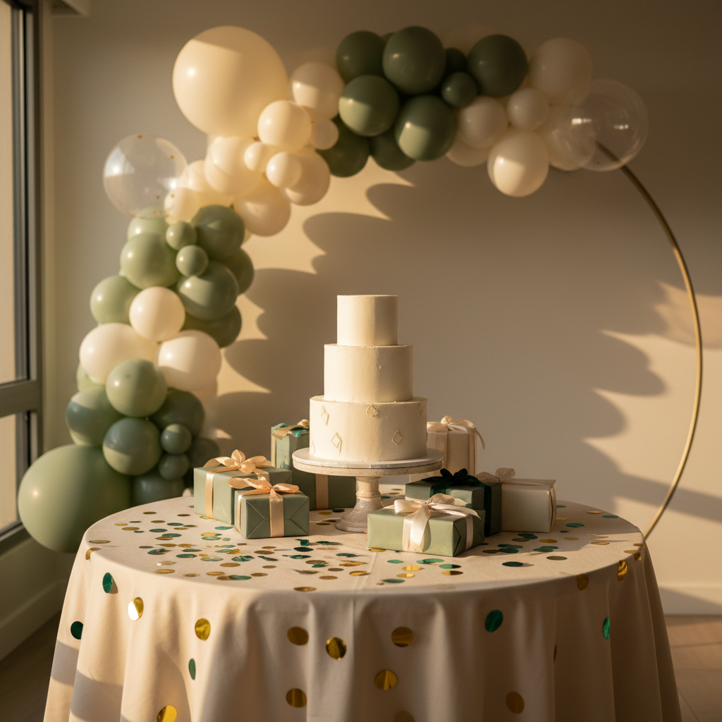 An intimate surprise celebration scene styled by Evergreen Services SARL, focused on a round table covered with a matte cream tablecloth and a scattering of metallic confetti in gold and emerald tones. A tiered cake with smooth white icing, discreet geometric patterns, and evergreen leaf accents stands at the center, surrounded by wrapped gift boxes in coordinated colors. Behind, a balloon arch made of muted greens, whites, and transparent balloons frames a blank wall free of text. Soft golden hour light filters through a nearby window, casting gentle shadows and a warm, festive glow. Captured at eye level with a shallow depth of field, the mood is joyful yet refined, highlighting expert decoration for surprise parties without showing people.