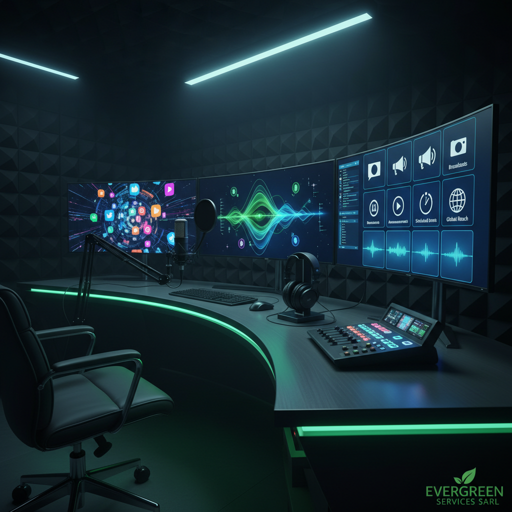 A dynamic digital communication control room illustrating Evergreen Services SARL’s communication and media services. The main focus is a wide desk with multiple ultra-wide monitors displaying colorful, abstract dashboards of social media feeds, audio waveforms, and live event schedules represented with icons instead of text. A professional broadcast microphone on a boom arm, studio headphones resting on the desk, and a compact video switcher emphasize media production. The room has dark acoustic wall panels contrasted by a glowing green accent strip along the desk edge. Cool, focused LED lighting from above and the screens themselves cast soft reflections on the desk surface. Captured in photographic realism from a low, three-quarter angle, with a cinematic feel and moderate depth of field, the scene feels high-tech, organized, and ready to manage complex communication campaigns.